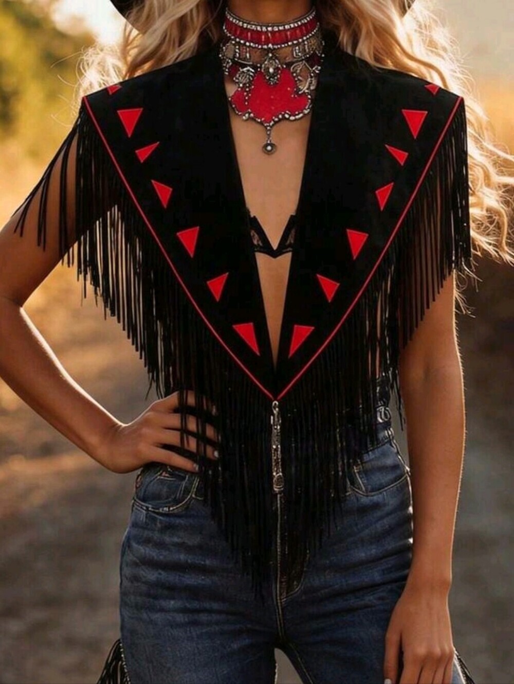 Black Fringe Triangle Vest with Red Accent